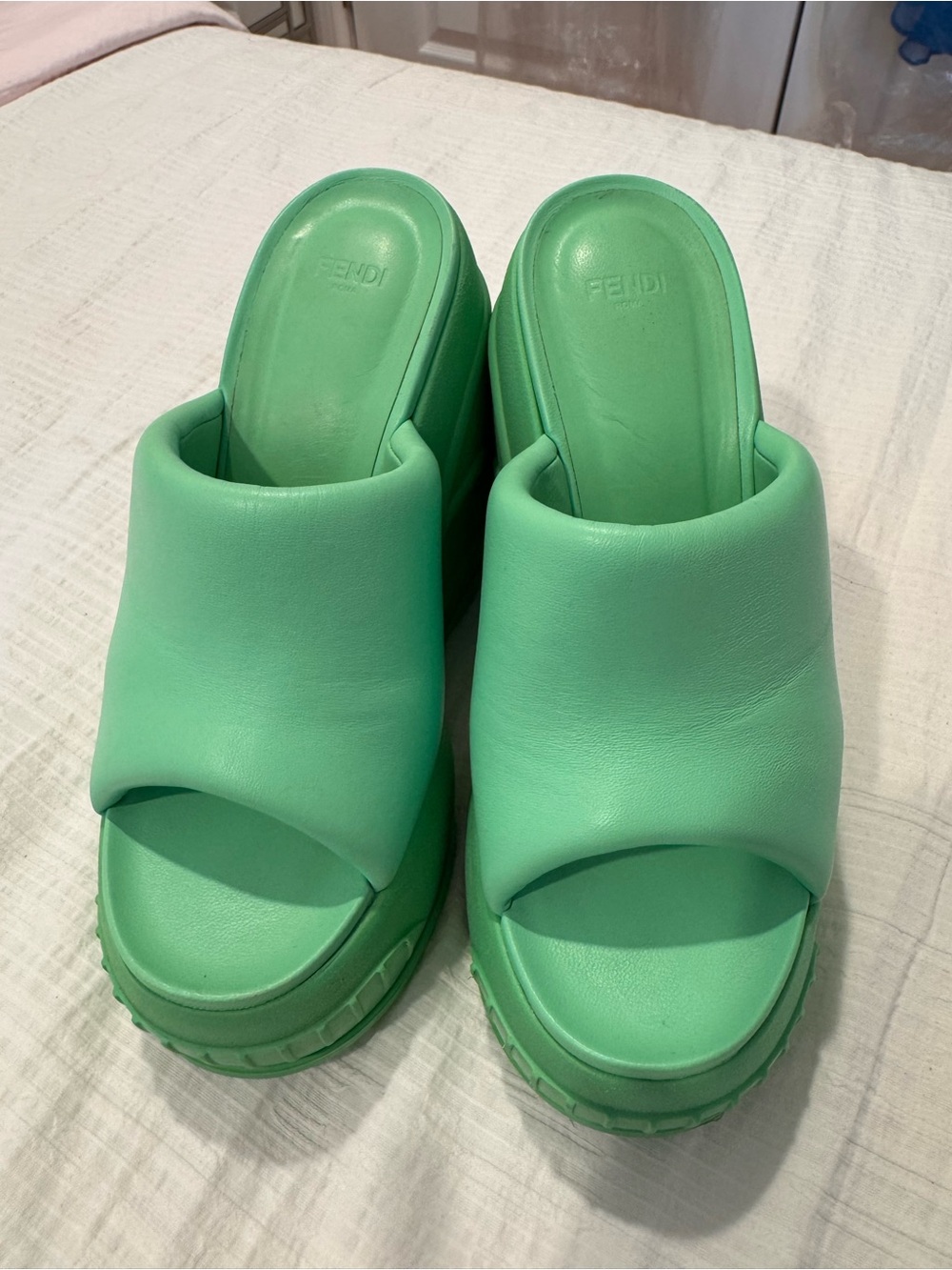 Fendi Mint Green Padded Leather Platform Slide Mules